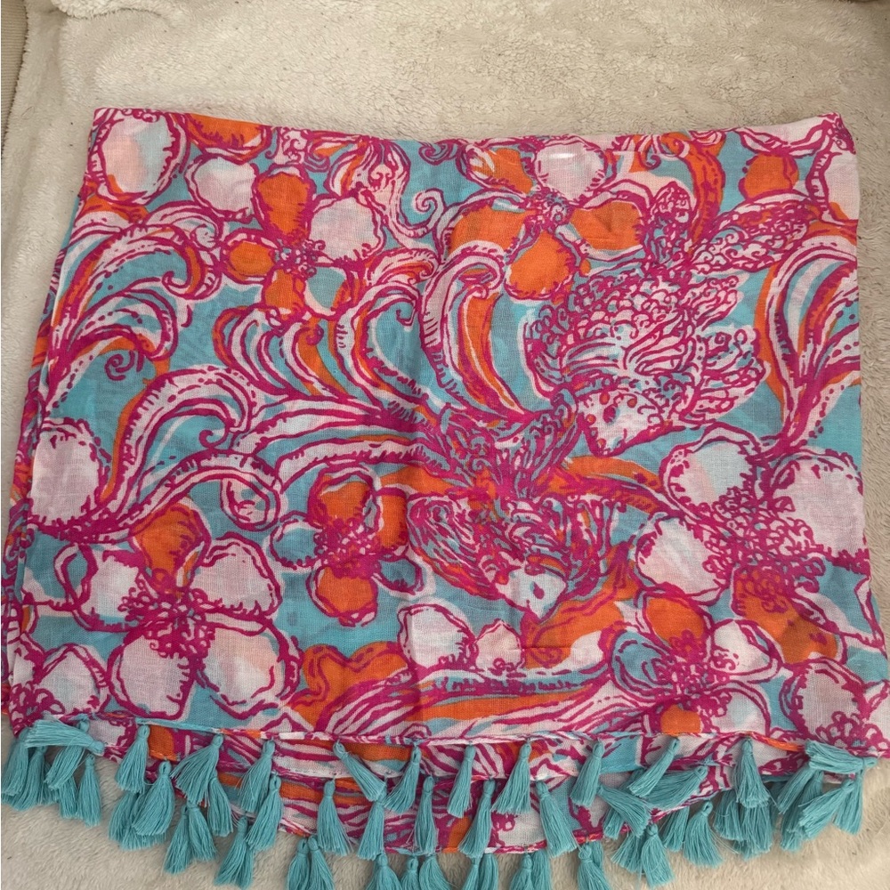 Lilly Pulitzer Pink and Turquoise Blue Floral Scarf w/ Tassels